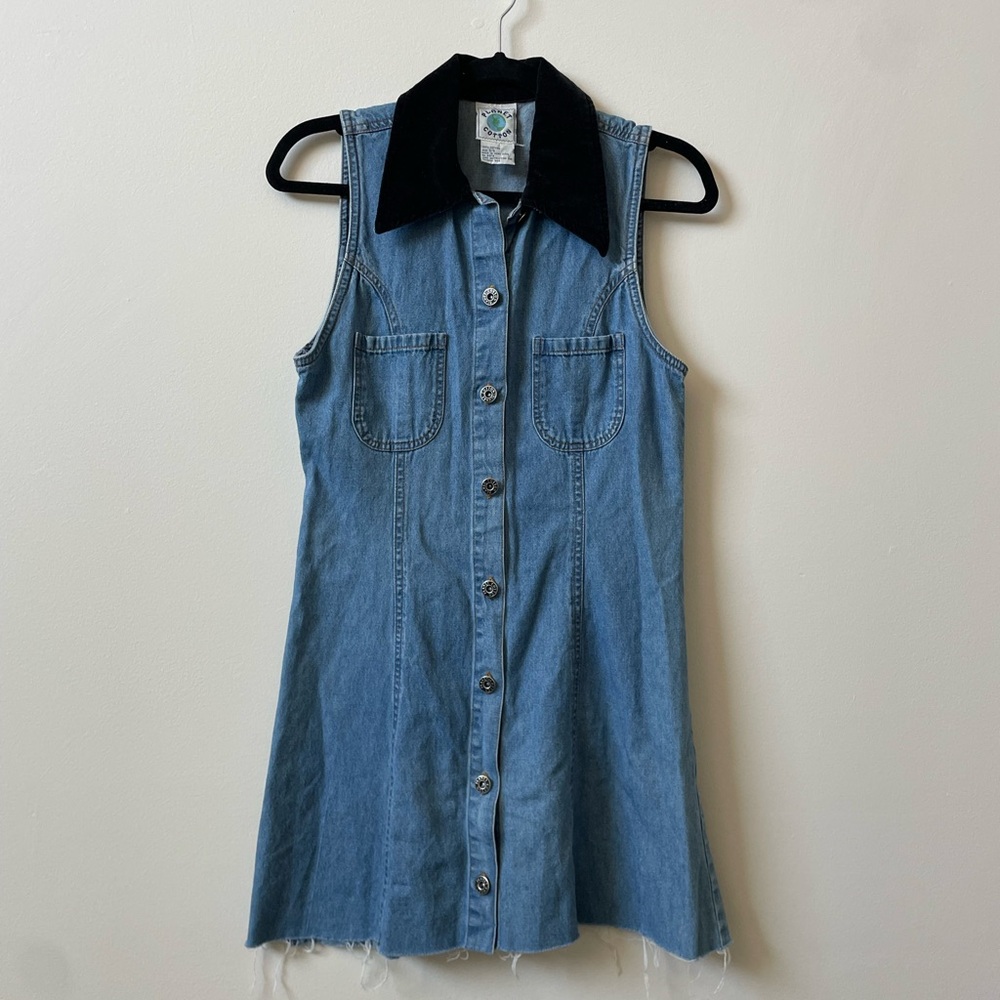 vintage denim mini dress , velvet collar, raw hem